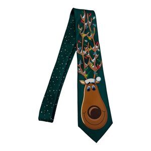 Mens Christmas Reindeer Light Up Necktie Green Polyester Silk Blend Hand Made